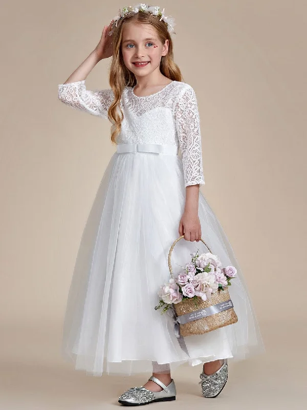 Charming Bow Lace Flower Girl Dress with Long Sleeves Premium Quality Garments