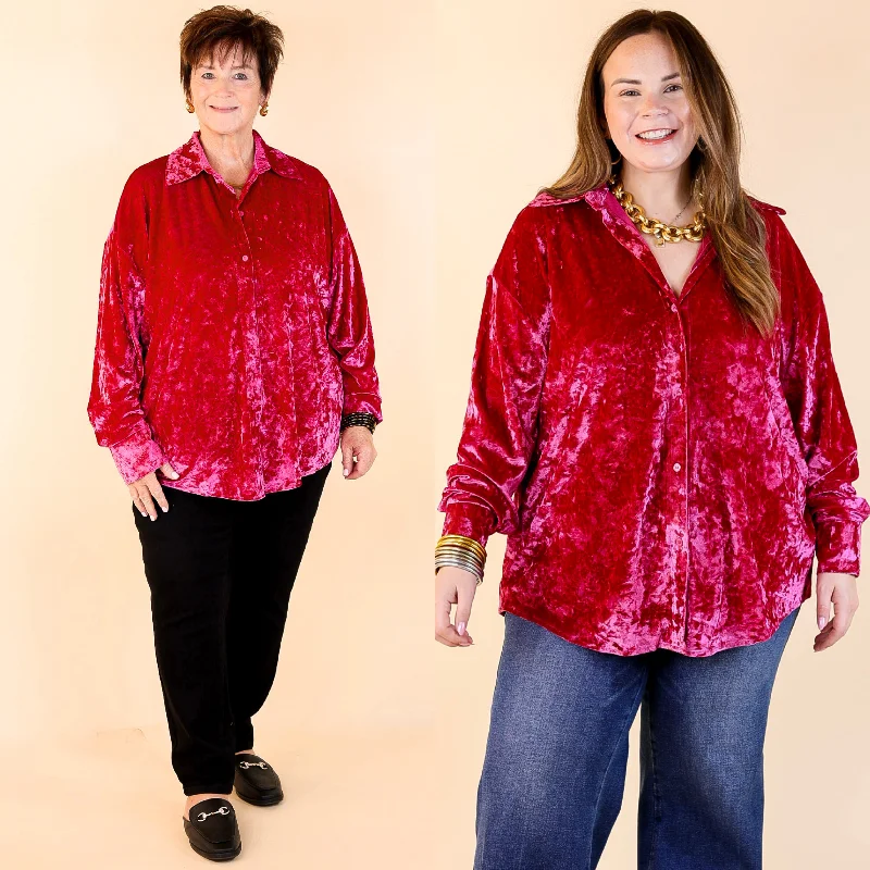 Frosted Glow Velvet Long Sleeve Button Up Top in Magenta Pink Low Price Special