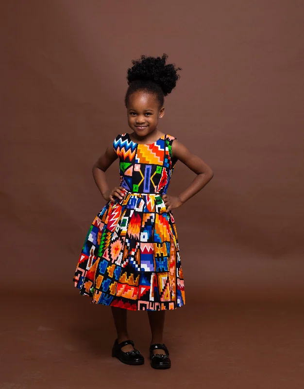 France Ankara girls dress | Yellow and Blue Multicolored African Kente Tribal Print Effortless Style