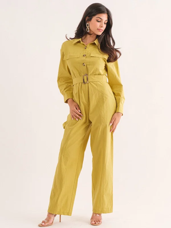 WOMEN'S LONG SLEEVE BUTTON UP POCKETS BELTED JUMPSUIT Limited Stock