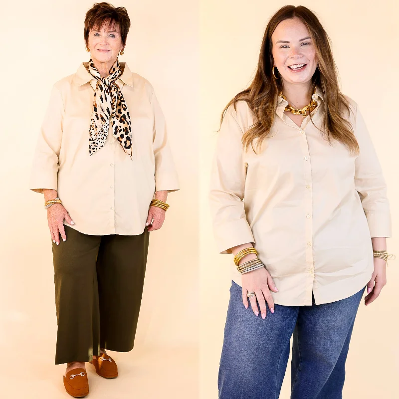 Simply Chic Collared Button Up Top with 3/4 Sleeves in Cream Latest Trends