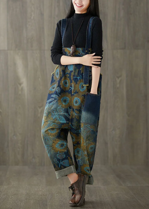 Beautiful Navy pockets Print jeans Jumpsuit Spring Trendy Fashion Sale