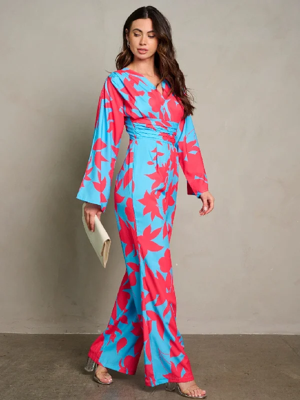 WOMEN'S LONG PUFF SLEEVE SURPLICE PRINTED WIDE LEG JUMPSUIT Snag Fabulous Fashion Bargains