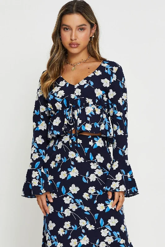 Print Peplum Top Long Sleeve Off Shoulder Feminine Allure