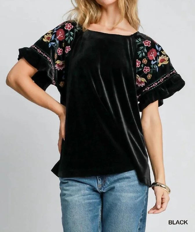 Velvet Floral Embroidery Top In Black Big Discounts