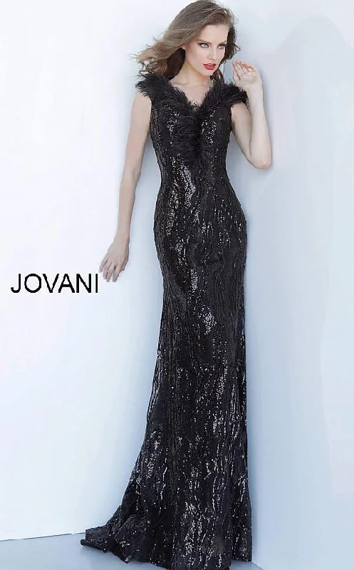 Jovani 2925 Black Off the Shoulder Feather Neckline Evening Dress Vintage Look