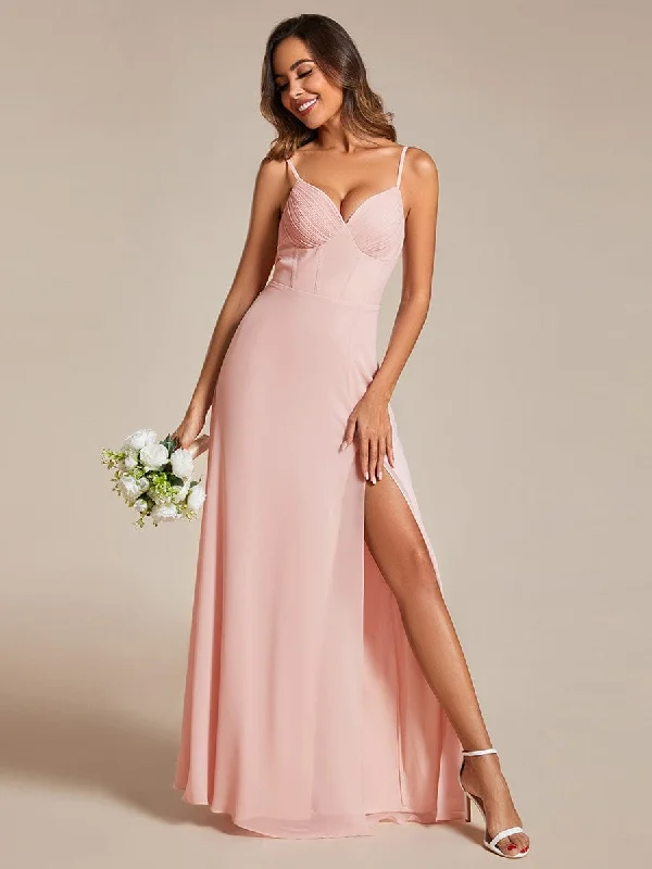 Spaghetti Strap V-Neck Chiffon Bridesmaid Dress with High Slit Trend Setting Wardrobe