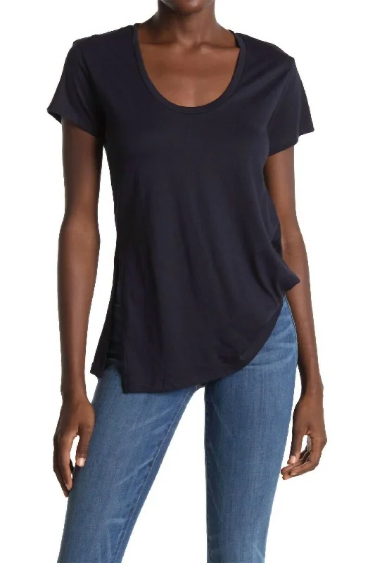 Asymmetrical Hem Tencel Tuck Cotton Shirt In Navy Blue Exclusive Discount