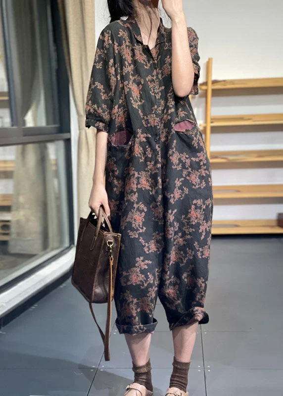 Style Black Oversized Print Linen Overalls Jumpsuit Half Sleeve Modern Women's Fashion