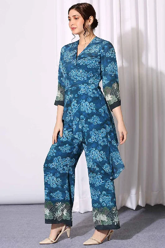 Blue Printed Asymmetric Drape Jumpsuit Mega Sales