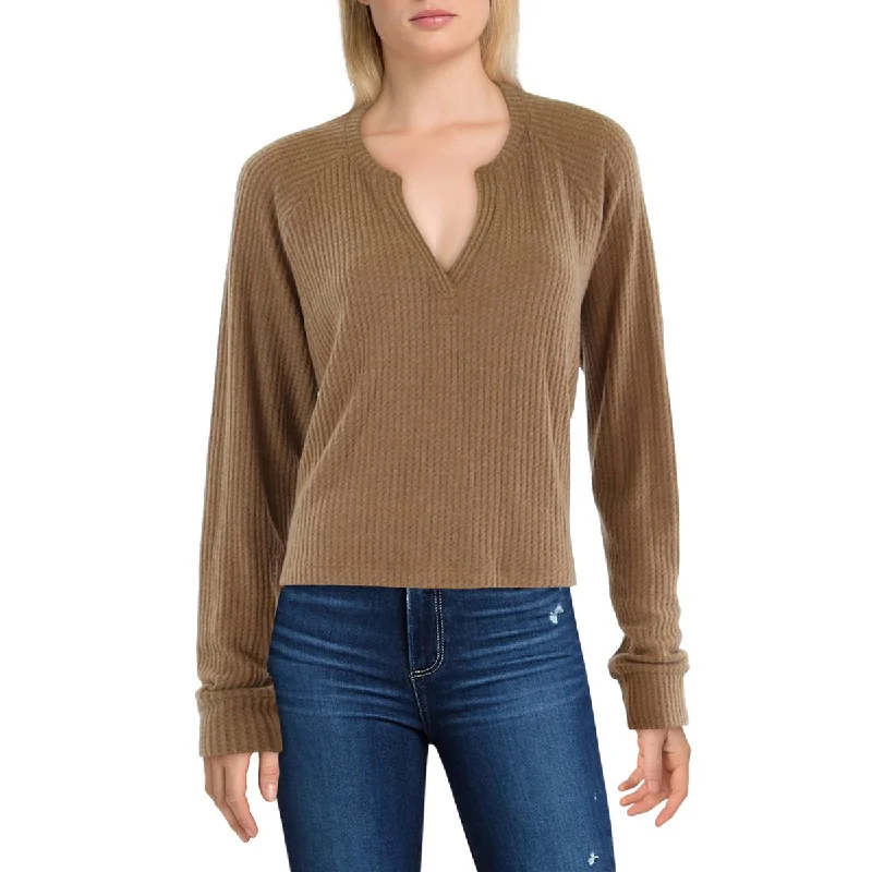 Womens Waffle Knit V-Neck Pullover Top Stylish Spring Fashion