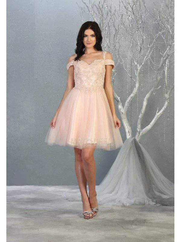 May Queen - MQ1809 Short Appliqued Off Shoulder Tulle Dress Contemporary Elegance