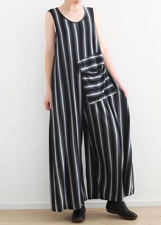 Women sleeveless big pockets cotton quilting pants Sleeveless black striped Plus Size jumpsuit pants summer Ends Soon