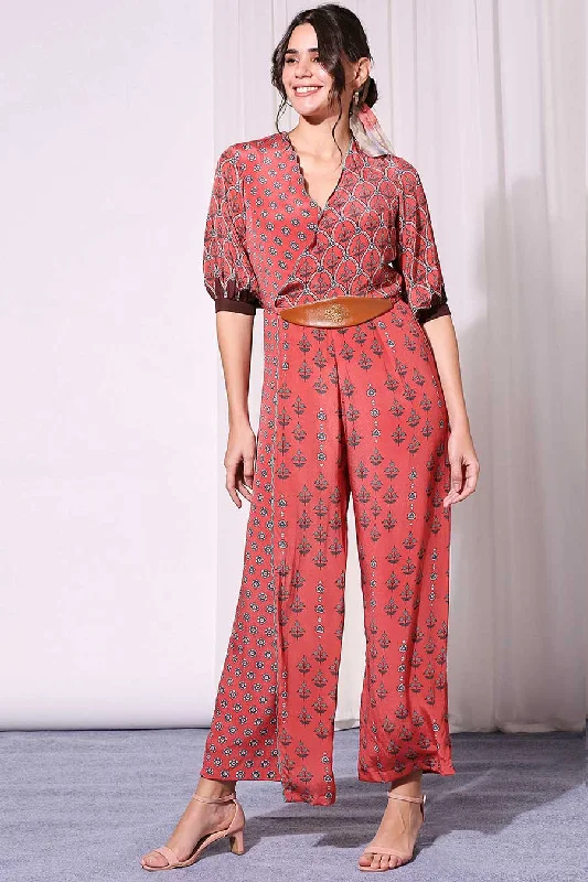 Red Overlap Jumpsuit With Leather Belt Ride The Style Wave