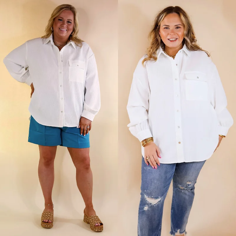 Escaping Ordinary Waffle Weave Button Up Top in Ivory Season Offer