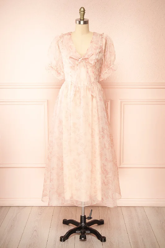 Zabelle | Pink Organza Midi Dress w/ Peter Pan Collar Minimalist Office - Ready Style