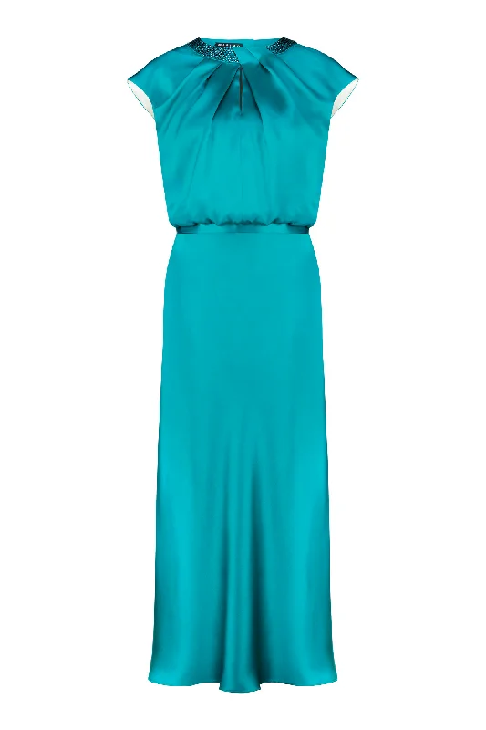 CLUSIA TEAL SILK SATIN MIDI DRESS WITH CRYSTAL EMBELLISHED NECKLINE Dive Into Trendy Styles