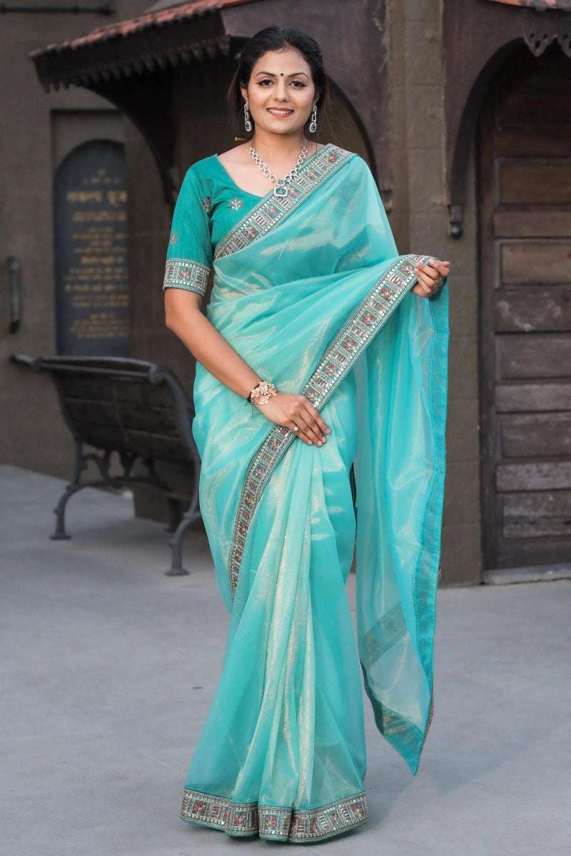 Zari Base Fabric With Heavy Work Border Saree For Reception Dreamy Aesthetic