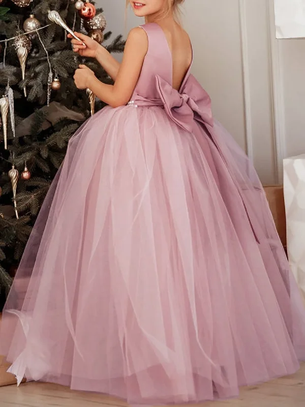 Satin Beaded Tulle Princess Flower Girl Dress With Back Bow Elevated Style