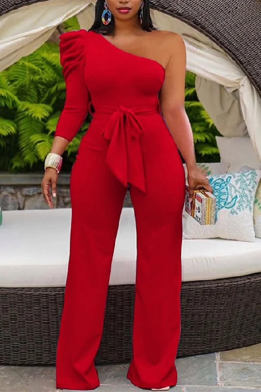 Solid Color One Shoulder Elegant Jumpsuit Wih Belt Clearance Event