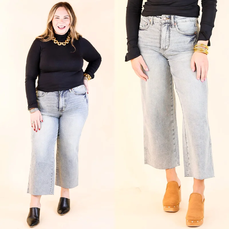 Judy Blue | Casual Confidence Mid Rise Tummy Control Cropped Wide Leg Jean with Raw Hem in Light Wash Style Your Wardrobe