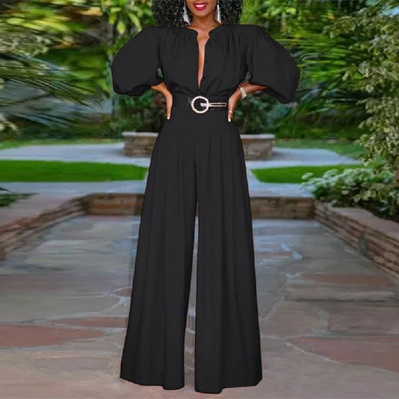 Elegant 3/4 Puff Sleeve Wide Leg Pants Long Pleated Buttons Overall Jumpsuit Celebrate With Big Savings