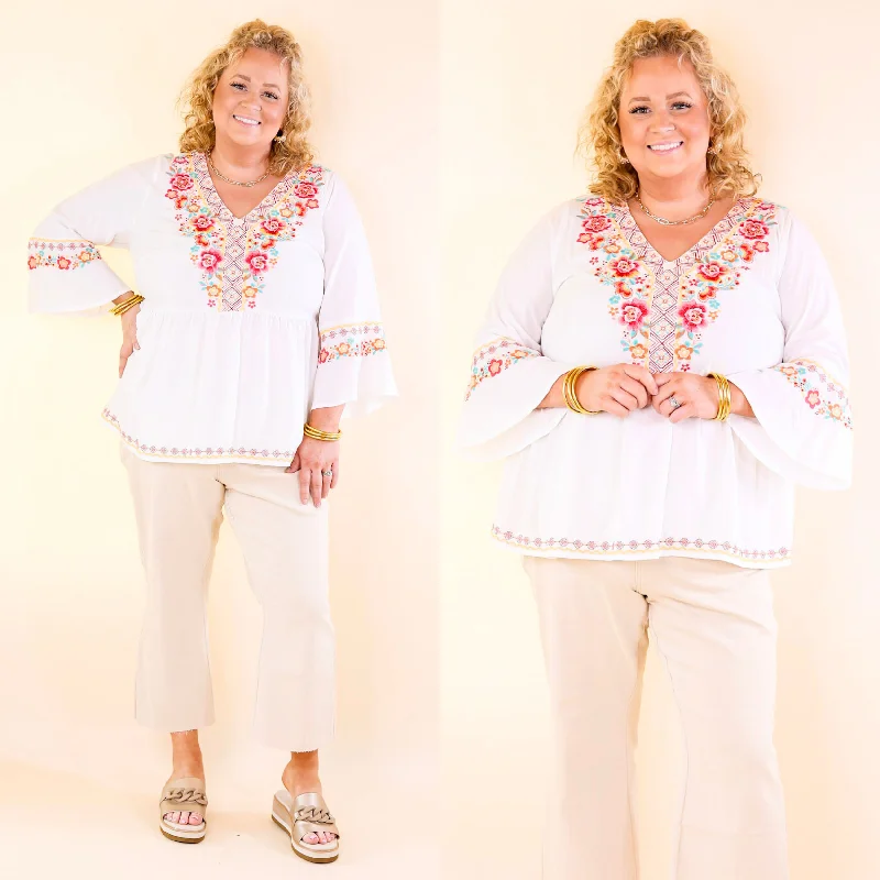 Joyous Moments 3/4 Bell Sleeve Embroidered Babydoll Top in White Dreamy Draping