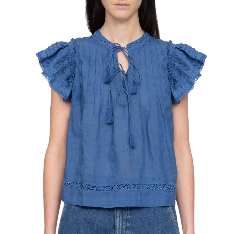 Loren Solid Flutter Sleeve Top In Blue Feminine Elegant