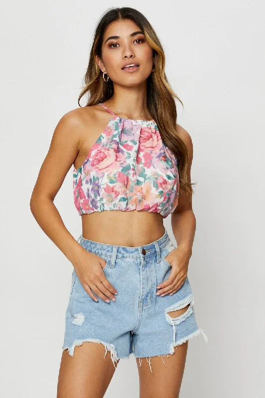 Print Halter Top Crop Sophisticated Fashion