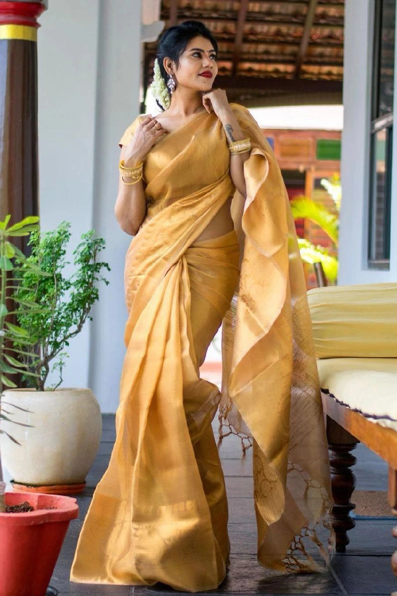 Silk Fabric Golden Colour Saree For Onam Festival Seasonal Fashion