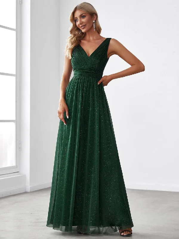 Joyce | Double V Neck Floor Length Sparkly Evening Dresses for Party Odd Size Clearance Sale