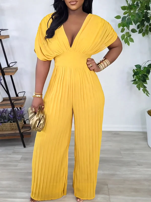 V-Neck Pleated Jumpsuit Comfort Centric Apparel