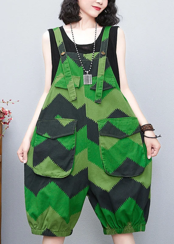 Loose Green Slash Neck Print Lantern Jumpsuit Summer Graceful Movement