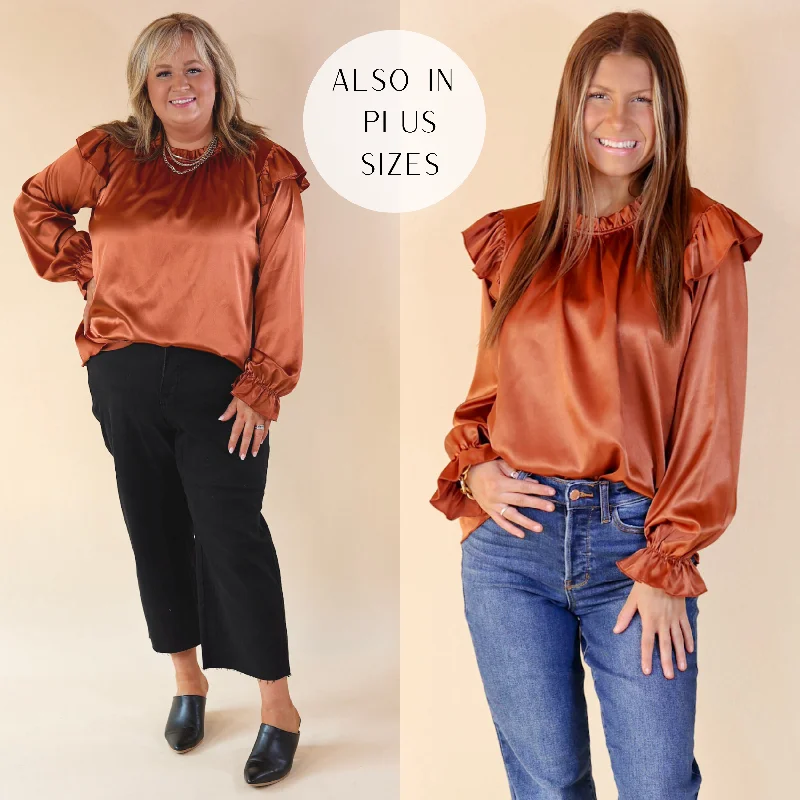 Can't Stop Me Ruffle Mock Neck Long Sleeve Satin Top in Rust Brown Vintage Look