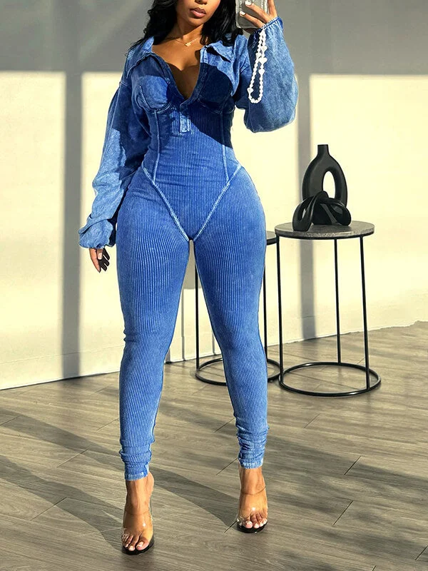 Washed V-Neck Jumpsuit Playful Elegance