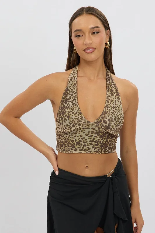 Brown Animal Print Halter Neck Top Tie Back Mesh Trend Forward Threads