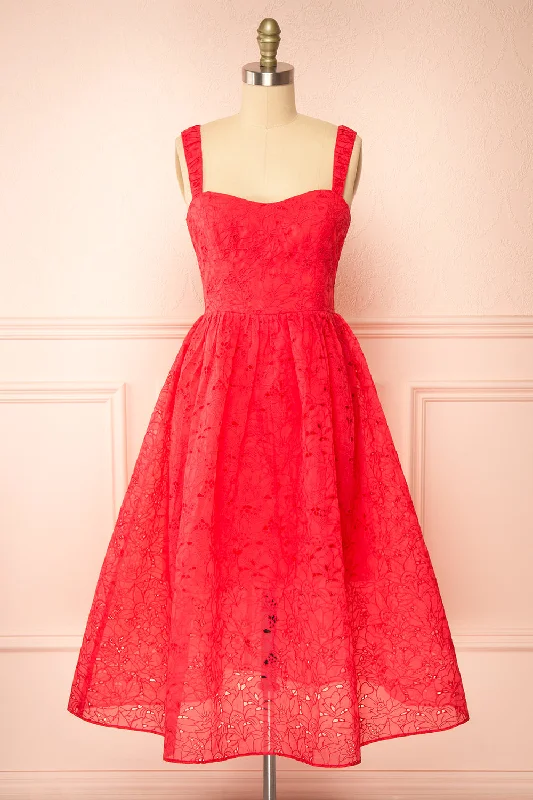 Maeva | Red Midi Dress w/ Floral Embroidery Stylish Savings