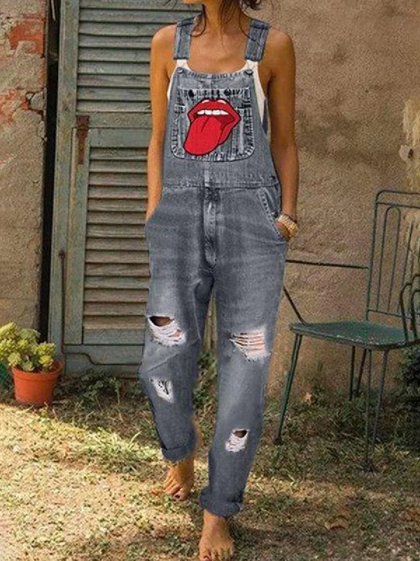 Lip Print Jumpsuit Jeans Sophisticated Outfits