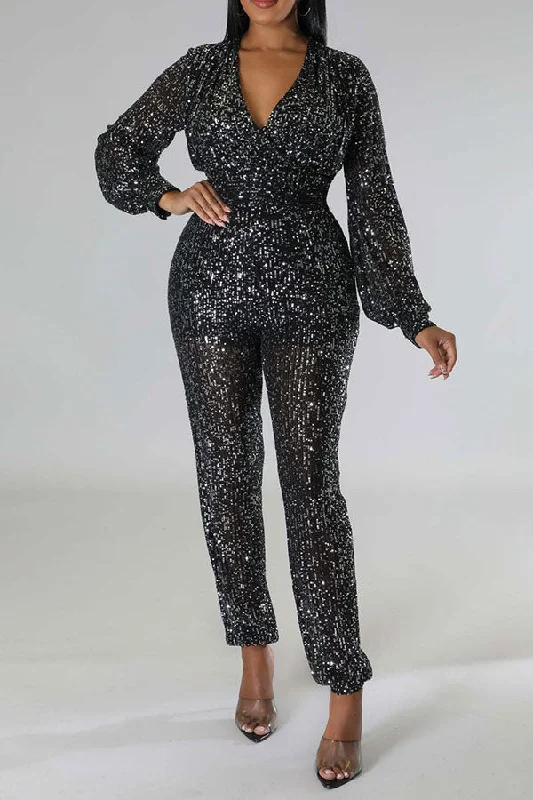 Sequined Sparkly V Neck Jumpsuit Casual Yet Stylish Separates