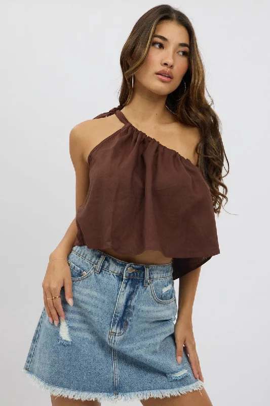 Brown One Shoulder Top Linen Blend Huge Price Cut