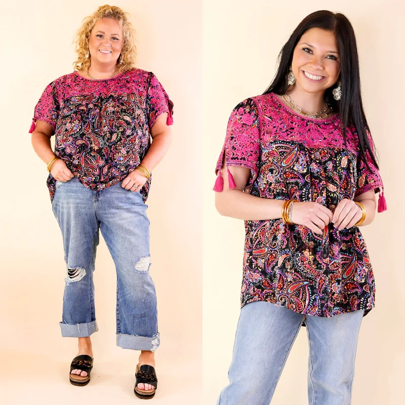 Sweet And Charming Paisley Print Top with Purple Floral Embroidery in Black Effortless Chic Apparel