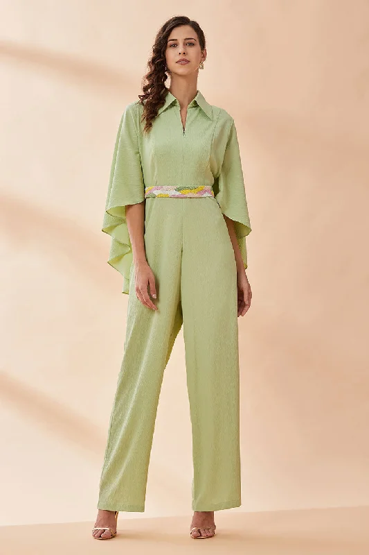 Lime Green Cape Jumpsuit With Belt Elegant Style