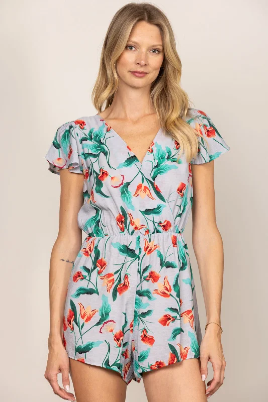 BLUE FLORAL PRINT V-NECK BUTTERFLY SLEEVES ROMPER BY6697 Winter Warm - Up Sale