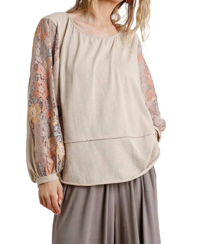 Floral Lace Sleeve Top In Taupe Style Streetwear