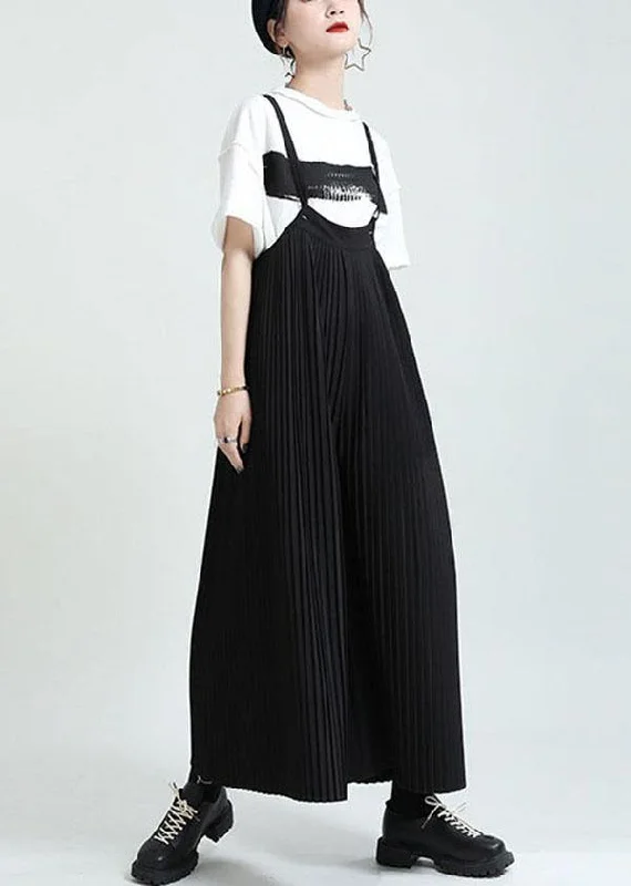 Casual Black High Waist Wrinkled Wide Leg Summer Jumpsuit Limited Styles