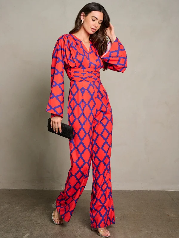 WOMEN'S LONG PUFF SLEEVE SURPLICE PRINTED WIDE LEG JUMPSUIT The Latest Fashion Trends