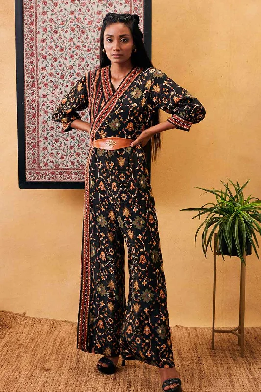 Zahra Printed Overlap Jumpsuit With Belt Vintage Retro Party Wear