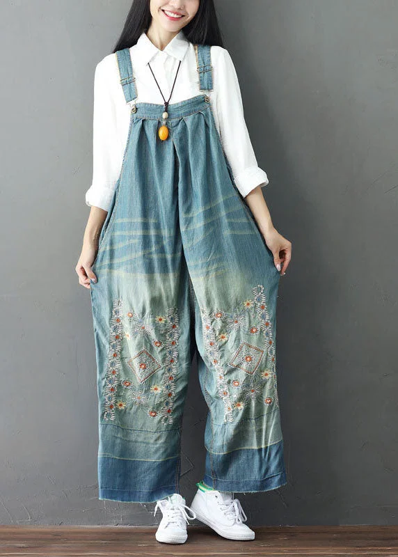 Simple Light Blue Patchwork Embroideried Denim Wide Leg Jumpsuit Spring Bold Fashion