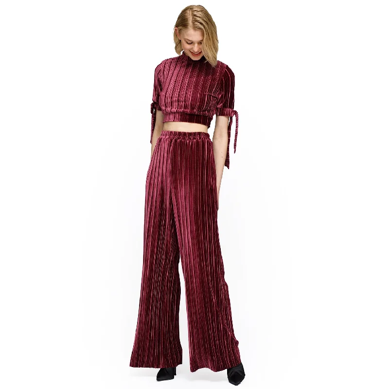 Women's Velvet Wide Leg High Waist Pants In Mulberry Minimalist Office - Ready Style