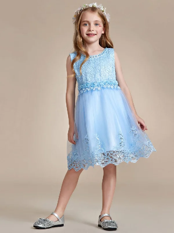 Beaded Lace Applique Sleeveless Flower Girl Dress With Back Bow-Knot Chic Everyday Wear